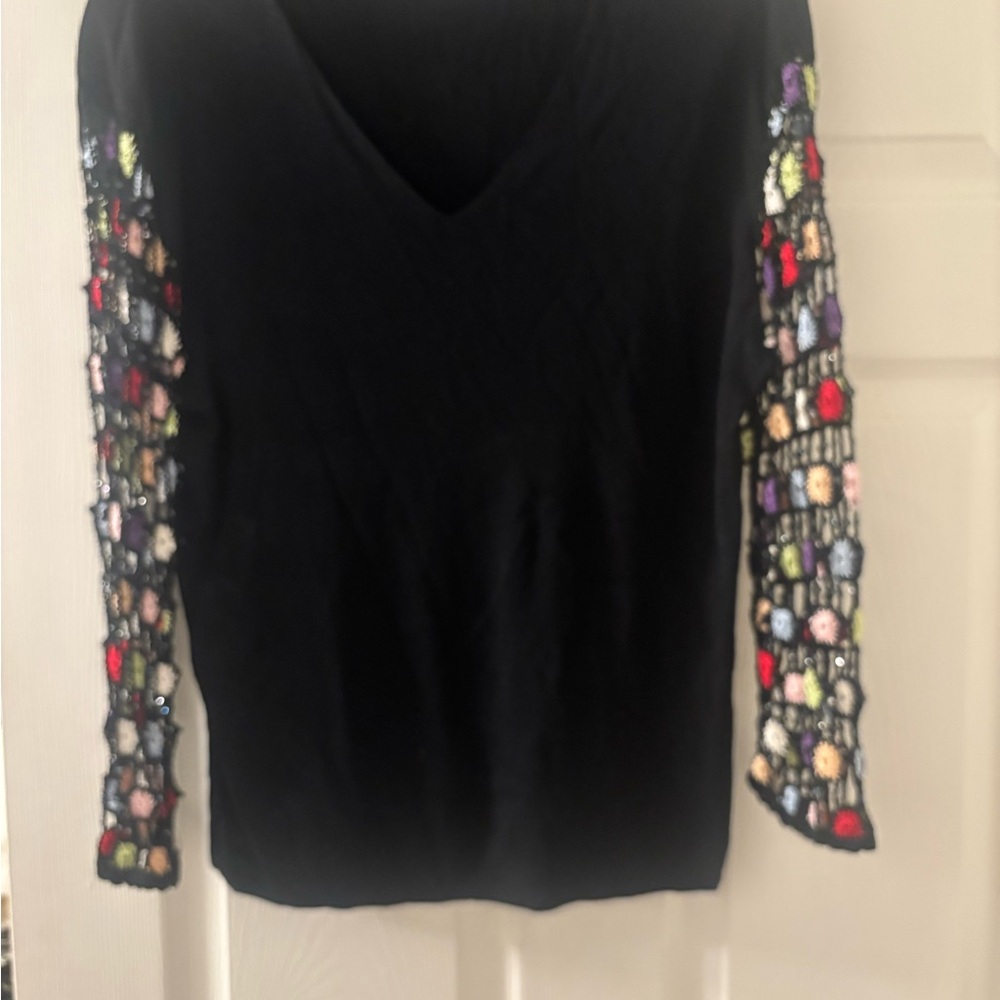 Joseph Black Blouse with Multicolored Sleeves